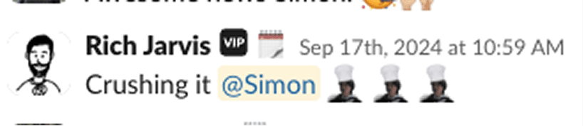 Message from Rich Jarvis: "Crushing it @Simon."