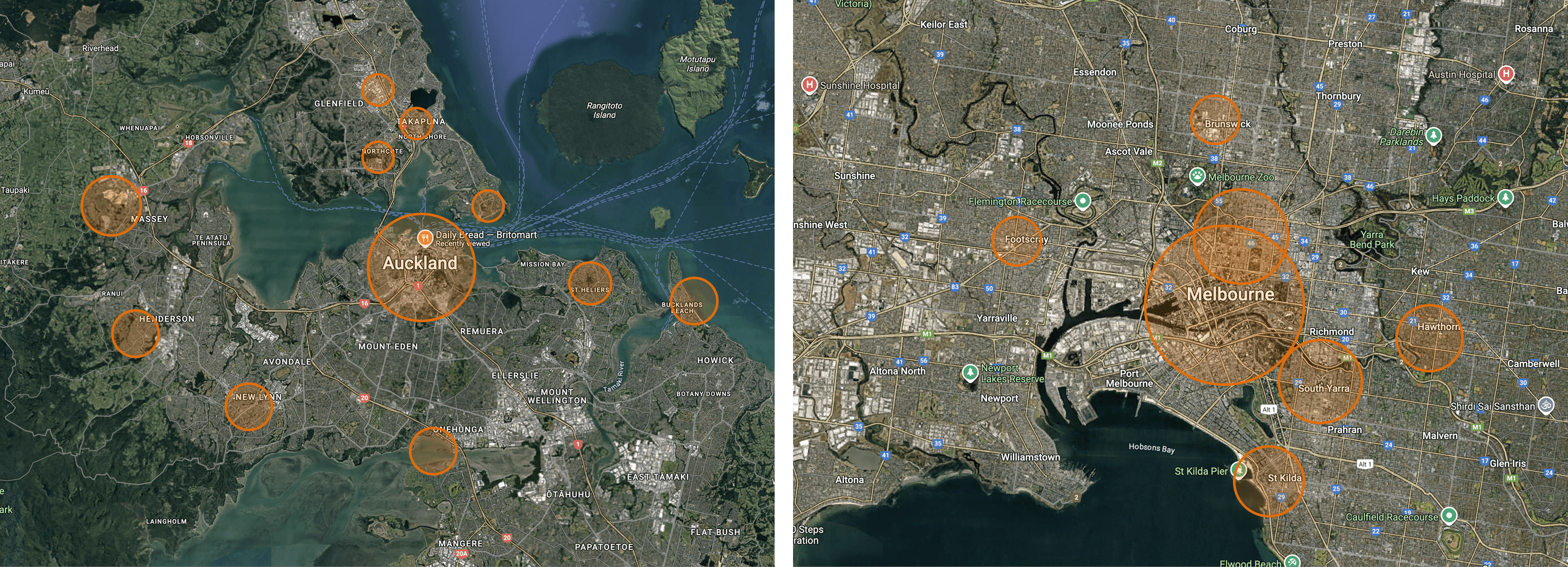 Side-by-side satellite maps comparing Auckland and Melbourne with highlighted activity centres.