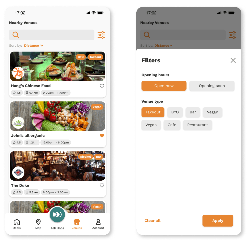 Hops favourites and saved places screens.
