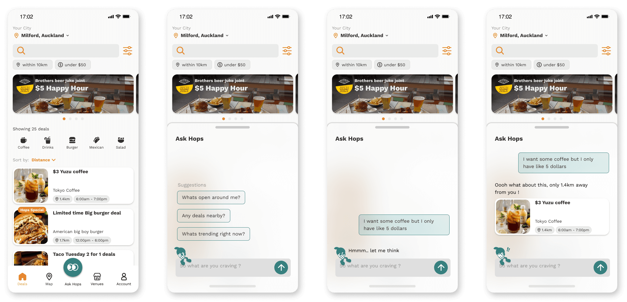 Hops foodie friend assistant-style interface screens.