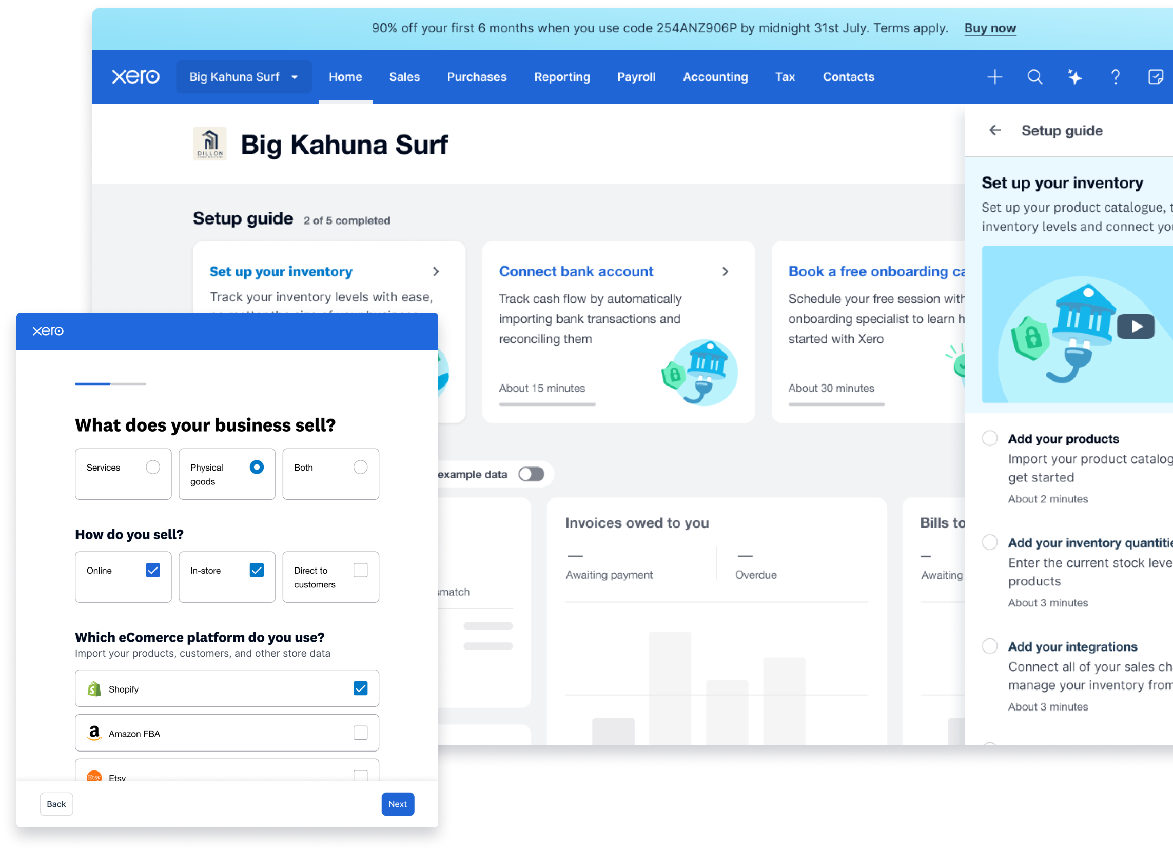 Guided inventory setup and sales-channel onboarding.