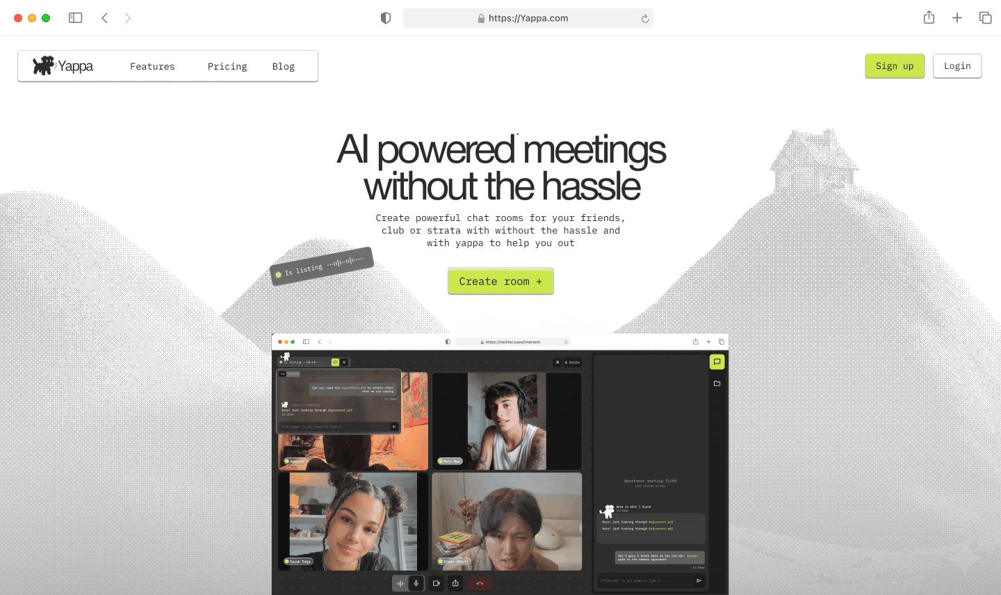 Yapper landing page with a meeting mockup and pixel mascot.