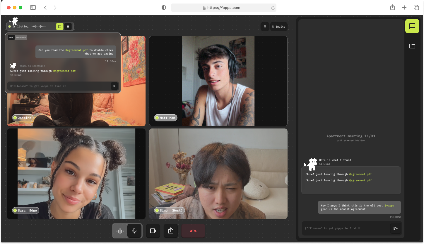 Yapper meeting interface showing video tiles, chat, AI panel, and toolbar controls.